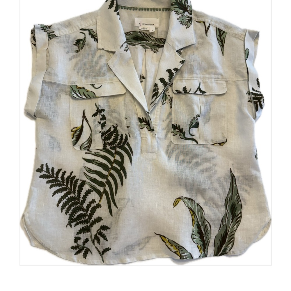 Anthropologie Green Leaf Print Linen Blouse